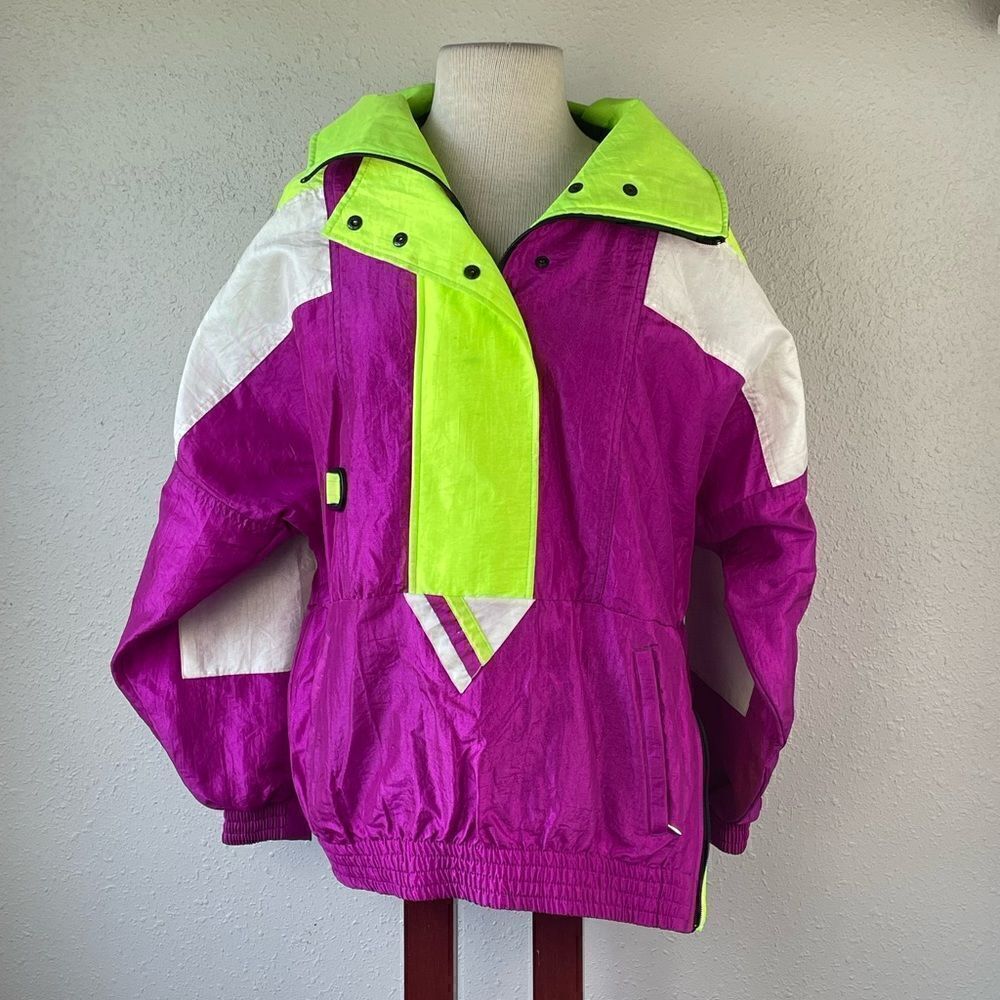 EUC Sunbuster Performance Sports Apparel L Nylon Partial Zip Neon Green/Purple